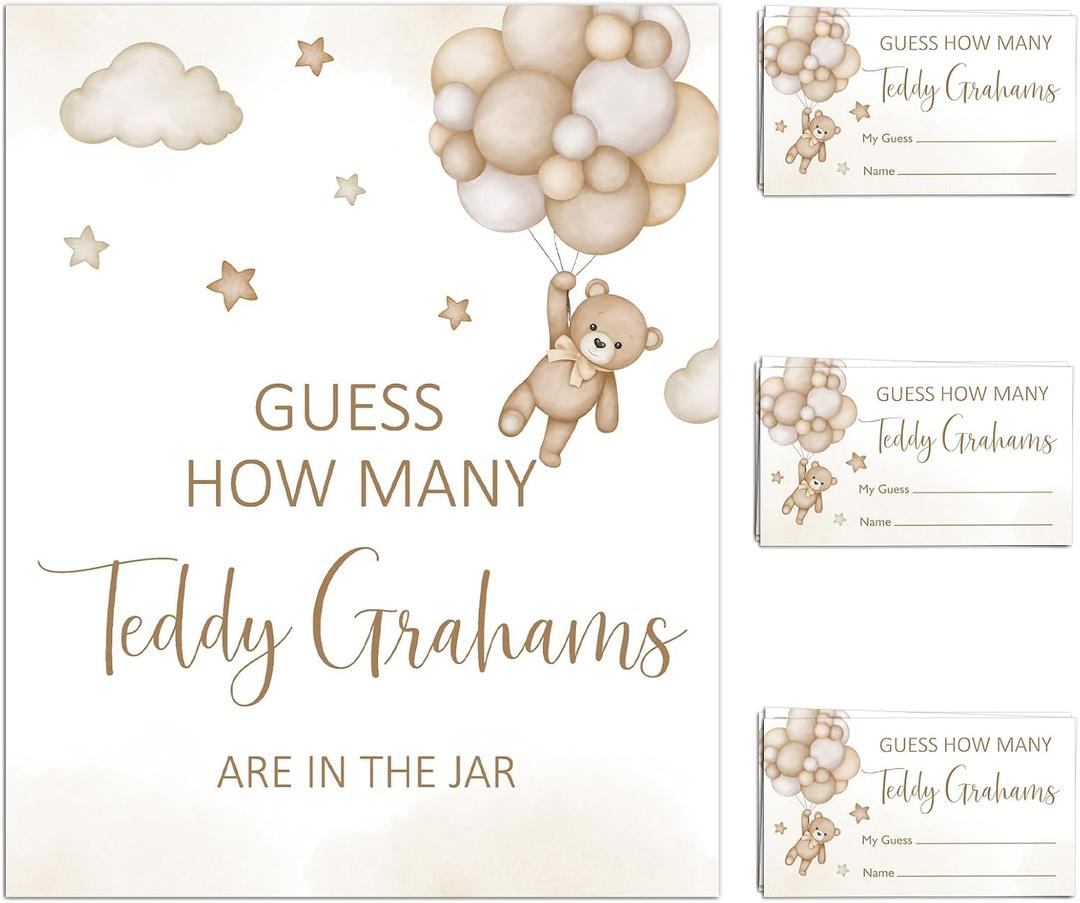 We Can Bearly Wait Baby Shower Games Guess How Many Bear Game Sign and String Card for 50 Guests for Boys Baby Shower (Brown) 1