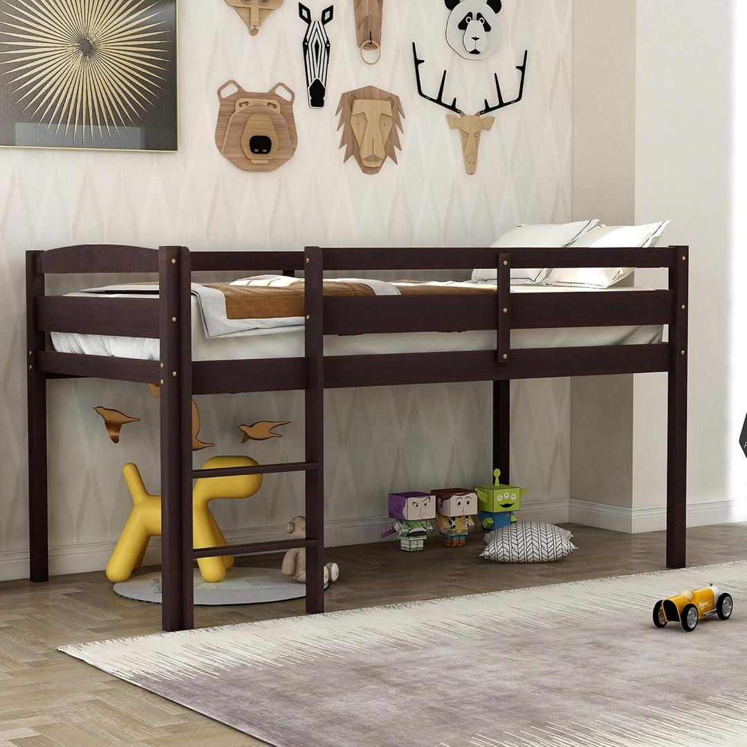 Bellemave Twin Size Low Loft Bed Frame with Guardrails,Kids Loft Bed with Front Ladder,Wood Low Loft Bed Twin Size for Girls Boys,No Box Spring Required,Espresso