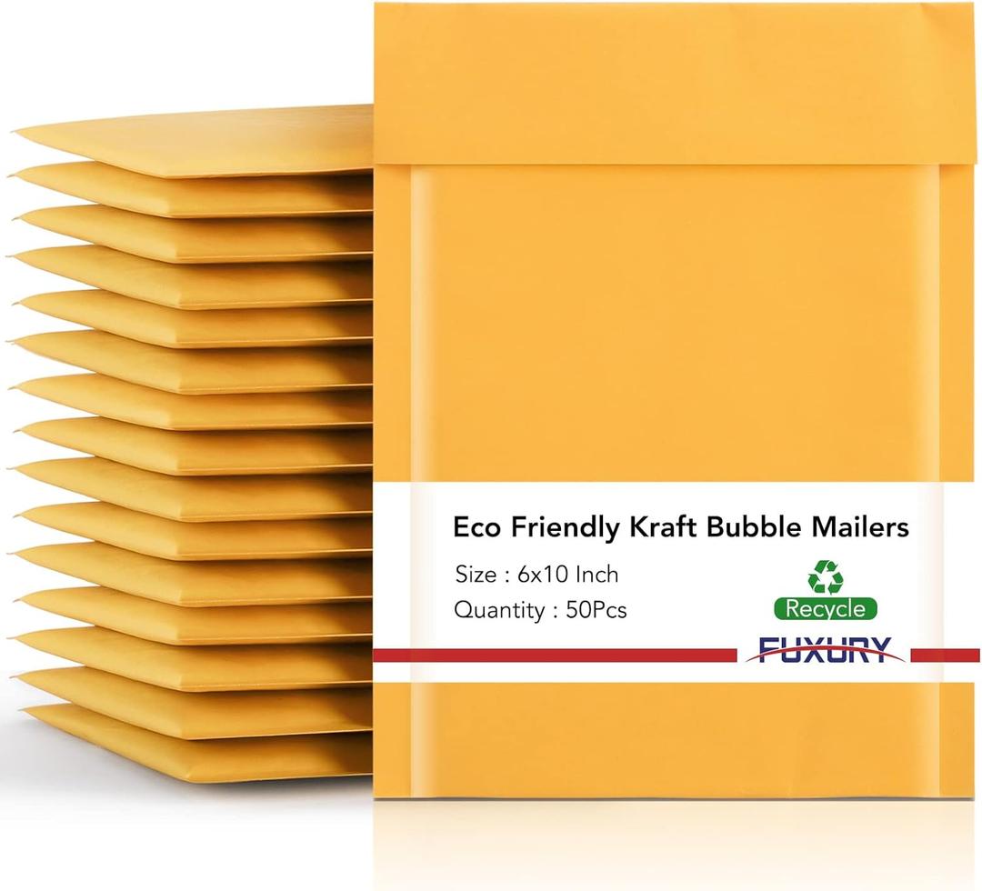 Fuxury Kraft Bubble Mailer 6x10 Inch 50 PackStrong Adhesion Padded Envelopes,Self Seal Bubble Envelopes, Waterproof Cushioned Bubble Mailers Packaging for Small BusinessBulk #0 Mailers Yellow