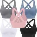 Evercute Sports Bra for Women Padded Medium Support Criss Cross Strappy Bras Seamless High Impact Yoga Exercise Athletic Bras (Large, black White Gray Pink Dusty Blue 5 Pack)