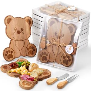 12 Set Baby Shower Prizes Game Gift Bear Shaped Cheese Board with Cheese Knives and Forks Baby Shower Party Favors Gift Box for Wedding Bridal Birthday Gender Reveal Favor (Acacia Color)