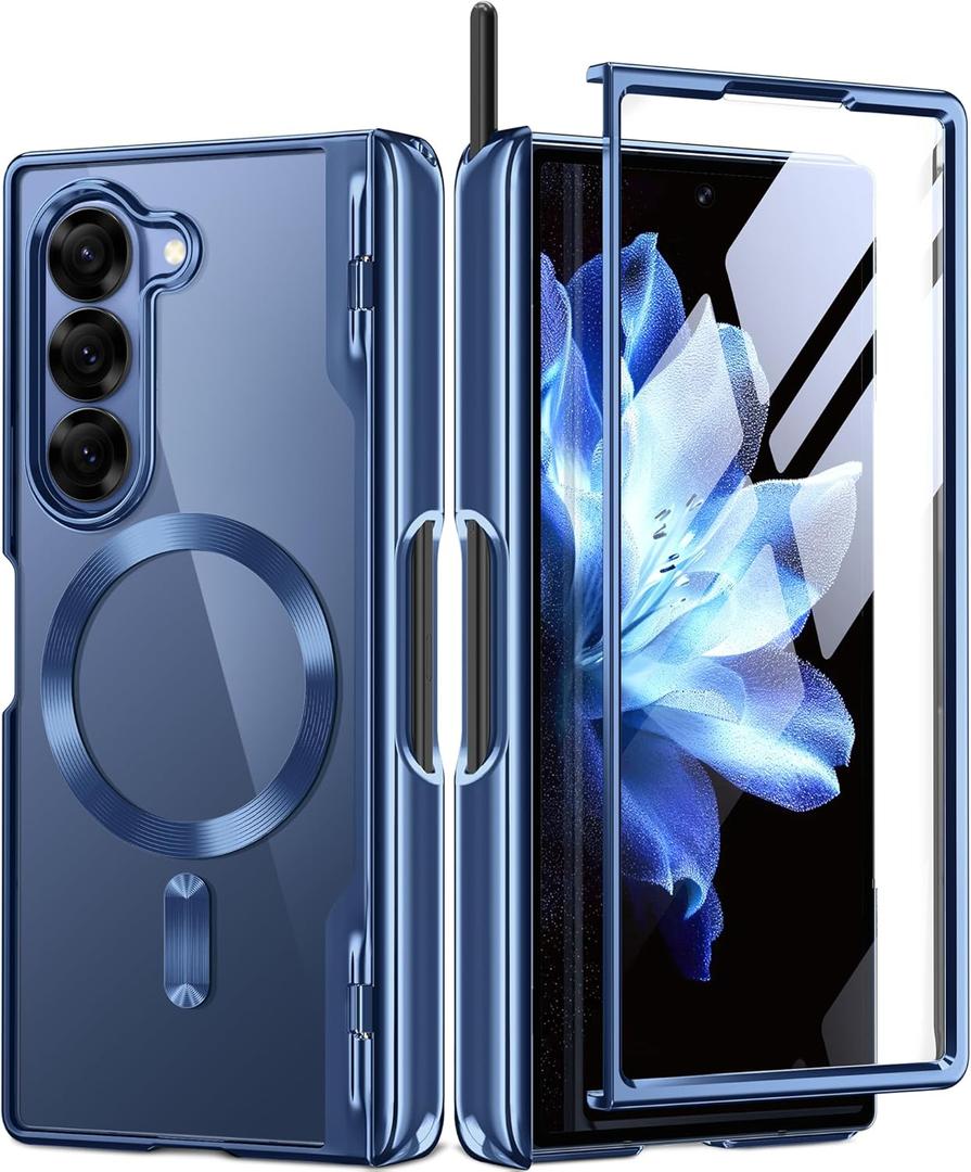 BERFY Upgraded Magnetic for Z Fold 6 Case with S Pen Holder, Compatible with Magsafe,[Built-in Screen Protector & Hinge Protection] Full-Body Plating Slim Phone Case for Samsung Galaxy Z Fold 6, Blue