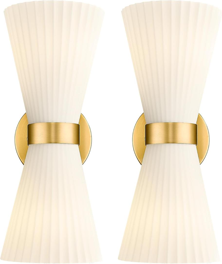 Modern Wall Sconce Set of 2, HWH 2-Light Up Down Wall Light Indoor Vanity Wall Lamp, Brushed Gold Bathroom Vanity Sconce Frosted White Striped Glass Shade, 5HZG97B-2W-2PK BG