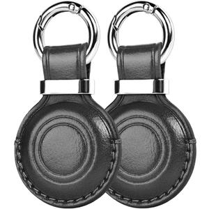 MOLOVA 2 Pack Leather for Airtag Holder Keychain, Compact Design with Air tag Case, Secure for Apple for Airtags Cover with Stainless Steel Ring Car Keys Ring Chain Fob Accessories(Black)