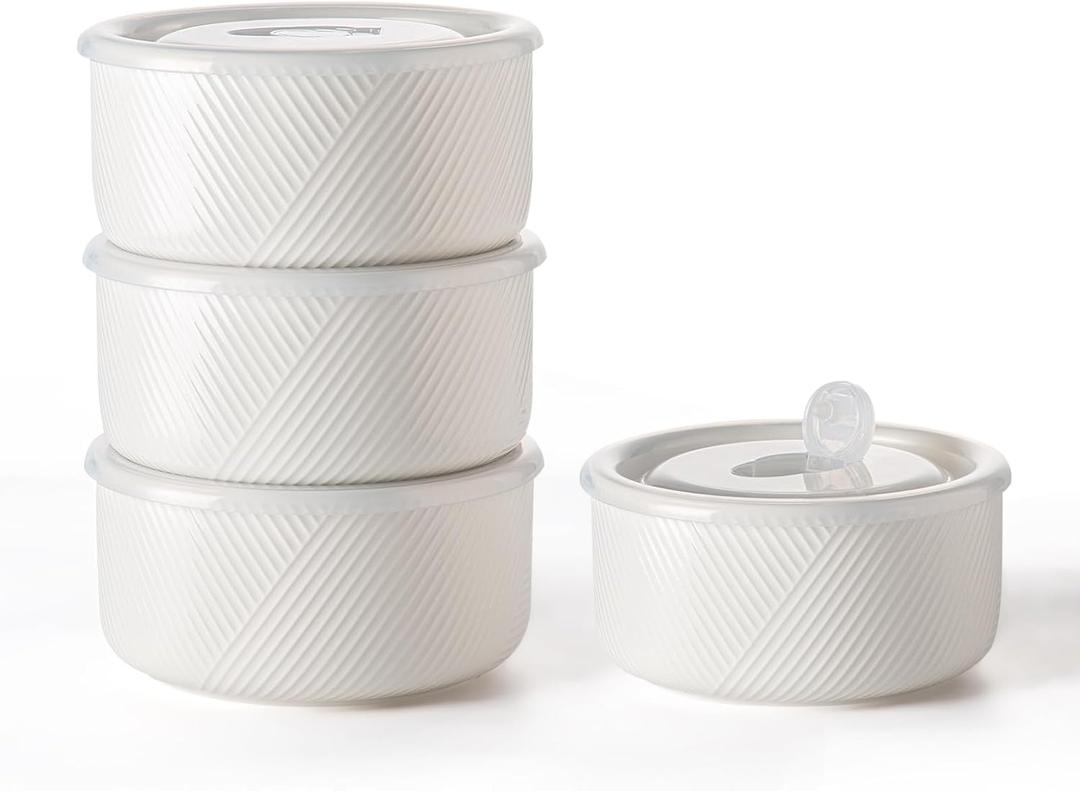 Large Ceramic Bowls with Lids: 32 oz Microwave Safe Food Storage Containers for Soup Salad Meal Prep Lunch Picnic Camping - 6 Inch, Set of 4 (White)