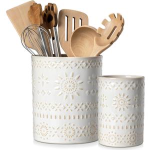 LOVECASA Utensil Holder, 7.2"+5.4" Ceramic Utensil Holder for Countertop, Large Cooking Utensil Crocks for Kitchen Counter, Farmhouse Utensil Vase for Housewarming, Kitchen Decor, Set of 2, Oasis