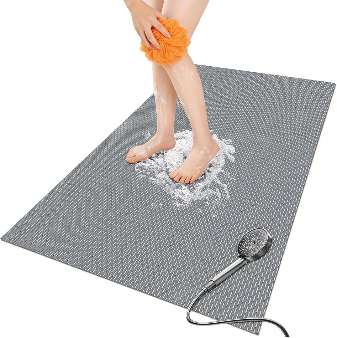 Bathroom Non Slip Shower Mat, Gray 58x32 Inch Bathtub Mat, Non Slip Bathroom Mat for Elderly and Kids, Easy to Dry, Fast-Dry Drainage Hole, Easy to Prune
