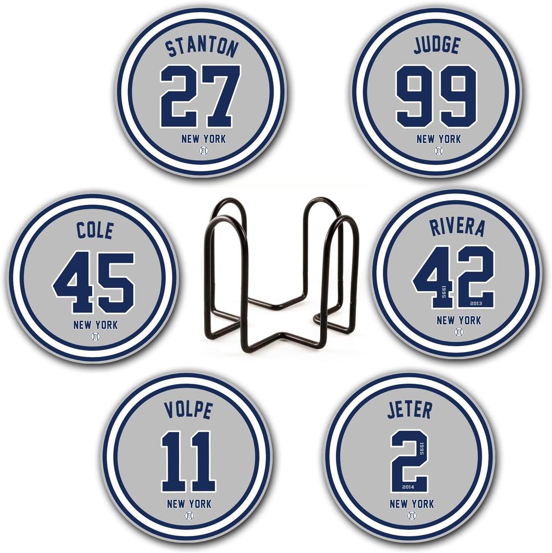 Yankee Coasters for Drinks, New York NY Ceramic Coasters Set of 6, Yankee Gifts for Boys Man, for Yankee Coffee Mug Cup (Team 1)