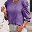 Tankaneo Womens 3/4 Length Sleeve Tops Dressy Casual Blouse Puff Sleeve Cute Trendy T Shirts with Smocked Cuffs (Purple)