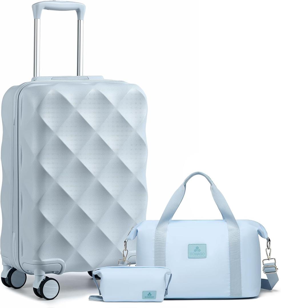 Somago Luggage Sets 20in Carry on Suitcase with TSA Lock YKK Zipper Spinner Wheels ABS Hardside Luggage 3 Piece Weekender Bags Travel Set, Light Blue
