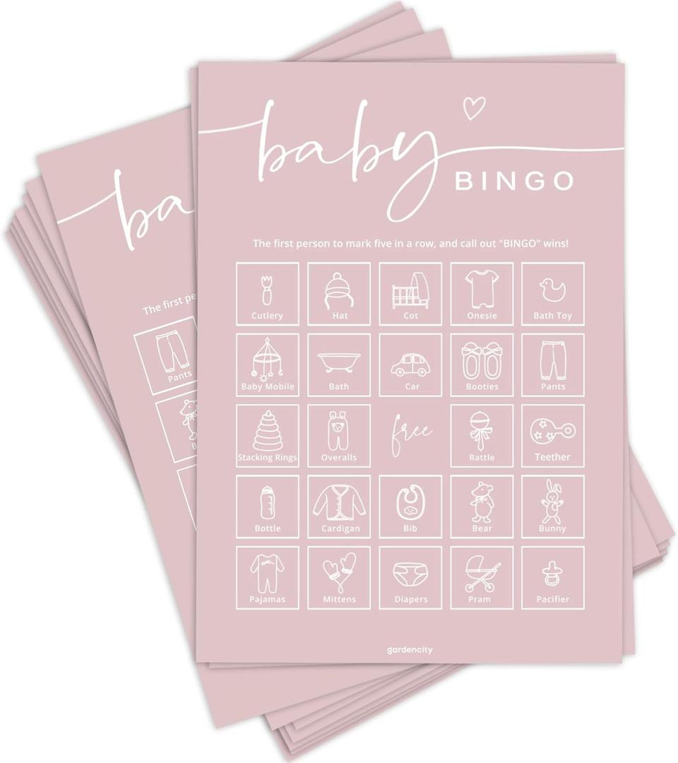 GardenCity Baby Shower Bingo Game for Girl (50 Unique Cards), PreFilled Fun Baby Shower Game Activity, Perforated Calling Cards, Gender Neutral, Pink