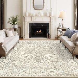 8x10 Area Rugs for Living Room, Stain Resistant Neutral Washable Rugs for Dining Room, Vintage Non-Slip Thin Large Size Beige Area Rug, Printed Vintage Home Decor RugBeige (8ft x 10ft)