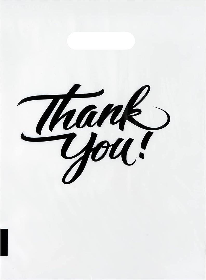 Infinite Pack Thank You Merchandise Bags, Die Cut Handles, Retail Shopping Bags for Boutique - Choose Color & Size (9" X 12", PACK OF 100, White)