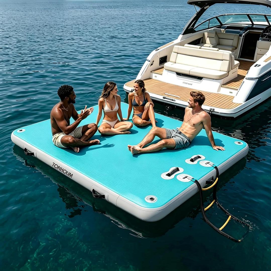 TONKOUM 8ft x 6 ft Floating Dock Water Platform, Multi-People Inflatable Water Mat Swim Docks, Inflatable Dock Raft for Lake/ Boat/ Island/ Pool