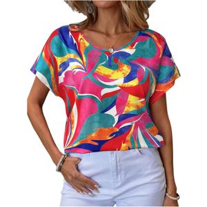 Women's Graphic Blouse Short Sleeve Crew Neck Dressy Shirt Tops (L)