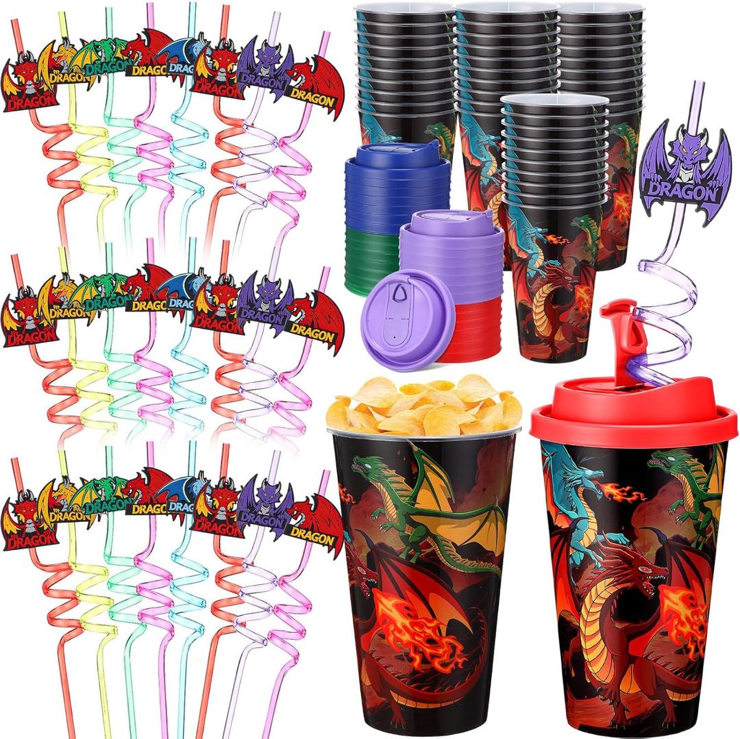 Yungyan 16 Sets Dragon Party Favors Goodie Cups with Lids and Straws for Birthday Decorations Reusable 16oz Plastic Candy Cups Plastic Straws for Birthday Party (Dragon)