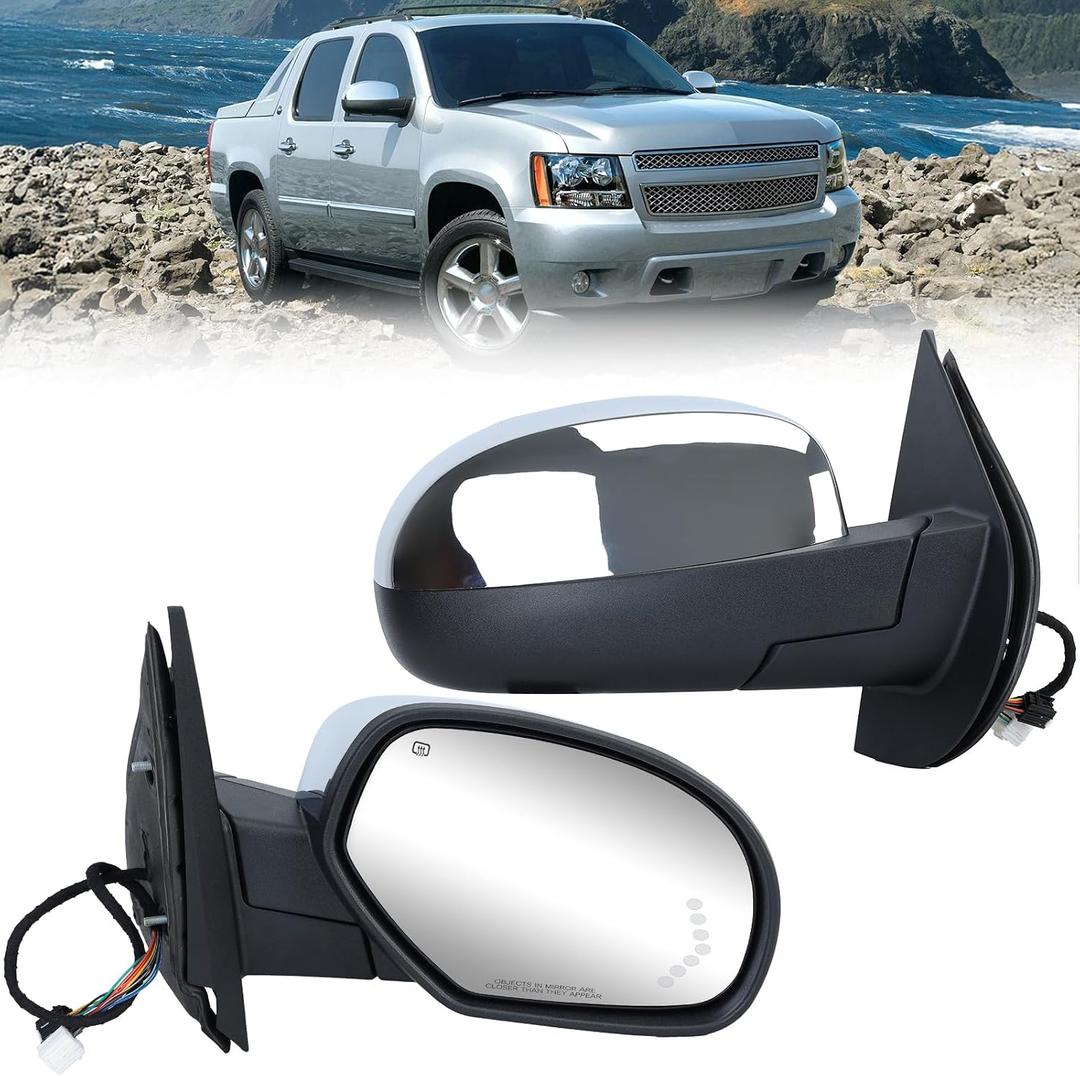 Passenger Chrome Power Folding Side Mirror Compatible with 2007-2014 Chevy Tahoe Suburban Silverado Avalanche/ GMC Yukon Sierra Heated/ with Puddle Light/ Turn Signal Indicator Right Mirrors