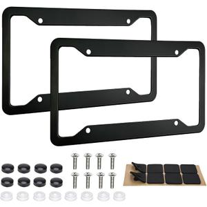 2 Pack Black License Plate Frames - Heavy Duty Stainless Steel Car License Plate Frame with 4 Holes, Rattle Proof Rustproof with Mounting Screws & Caps for Front Rear Cars