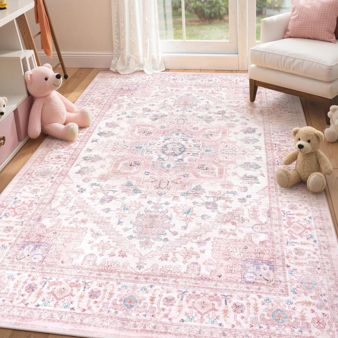 LIVEBOX Pink Washable Area Rug 5x7 - Large Vintage Tribal Living Room Non-Slip Indoor Carpet for Bedroom, Low-Pile Retro Print Distressed Accent for Nursery Dorm Home Decor (Medallion Pink/Blue)