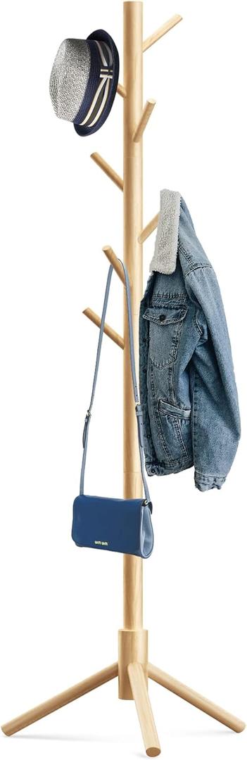 Hupmad Wooden Tree Coat Rack Stand,Sturdy Freestanding Coat Rack with 8 Hooks,3 Adjustable Height for Child Adult,Wood Coat Stand Tree Fits Entryway Bedroom Office for Bags,Hats
