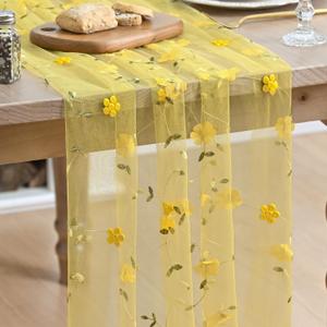 Artoid Mode 3D Flower Yellow Gauze Embroidery Table Runner 120 Inch 10FT, Tulle Seasonal Spring Kitchen Dining Holiday Table Decor for Home Party
