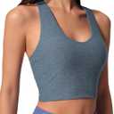 Womens Sleeveless Crop Tops Scoop Neck Racerback Sports Tank top Athletic Yoga Workout Tops Built in Shelf Bras Padded, Grey, Medium