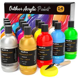 Nicpro 14 Colors Large Bulk Outdoor Acrylic Paint Set (16.9 oz, 500 ml) Rich Art Painting Supplies, Non Toxic for Multi Surface Canvas Rock Wood Leather Fabric Stone Metal Wall Craft with Color Wheel (16.9 Fl Oz (Pack of 14))