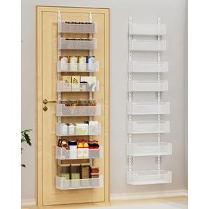 Over the Door Organizer, 8-Tier Pantry Organizer with Fully Enclosed Mesh Baskets, Heavy-Duty Metal Hanging Spice Rack for Kitchen Bathroom Laundry Room, 2-in-1 Wall Mount or Door Mount, White