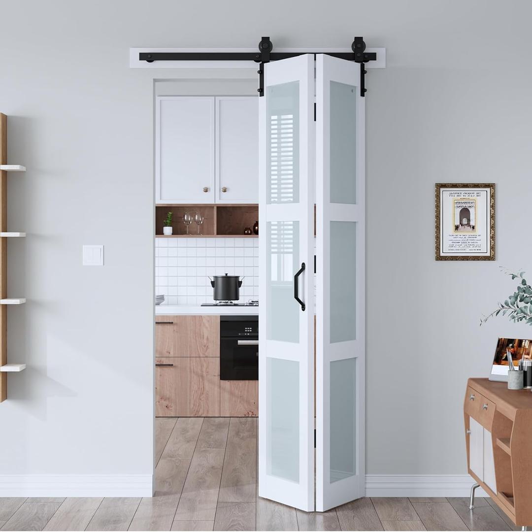 EaseLife 42"x 84" (Double 21" x 84") Bifold Barn Door, Bifold Sliding Barn Door with Hardware Kit, Solid MDF Wood Slab Covered with Water-Proof PVC Surface, Frosted Glass Panel, Assembly Required