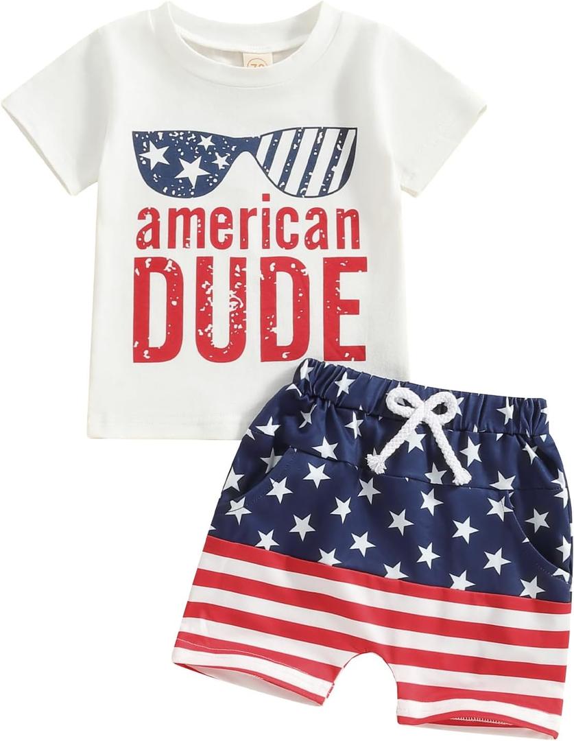 Springcmy Toddler Baby Boy Girl 4th Of July Outfits Set Independence Day Short Sleeve T-shirt Shorts Set Summer 2Pcs Clothes (18-24 Months)