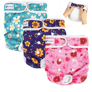 Pet Soft Washable Female Diapers (3 Pack) Female Dog Diapers, Comfort Reusable Doggy Diapers for Girl Dog in Period Heat (Cute Flower, S)