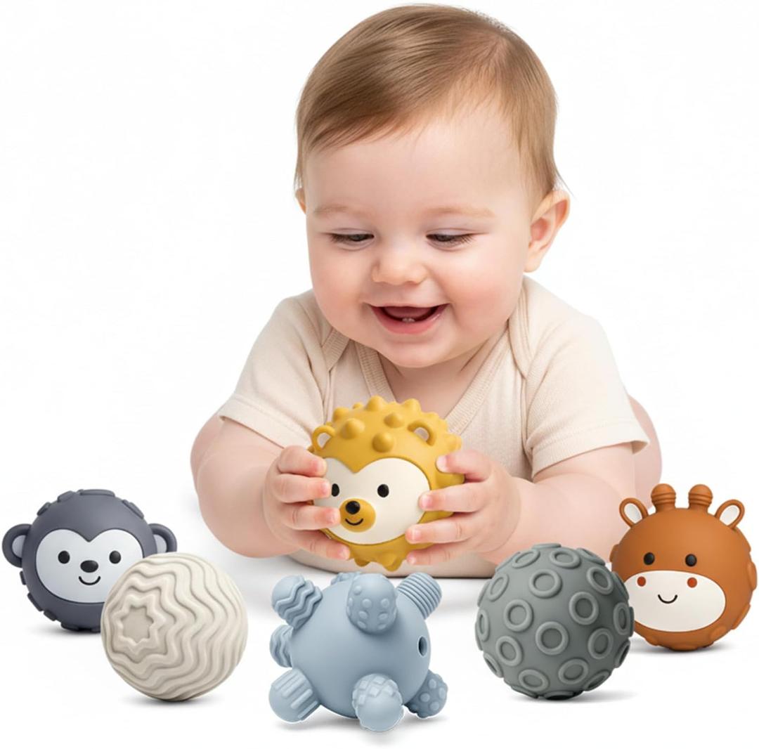 6-Pack Baby Sensory Balls, Textured & Animal Face Toddler Balls, BPA-Free Soft Teething Toys, Montessori Developmental Toys for Babies 6-12 Months, for Infant (Soft Neutral Colors)
