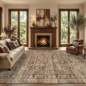 8x10 Ft Large Area Rugs for Living Room, Soft Non-Slip Machine Washable Rug, Vintage Stain Resistant Carpets for Bedroom Nursery Dining Room Home Decor (Brown)