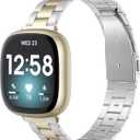 Wearlizer Compatible with Fitbit Versa 4/3 Bands/Fitbit Sense Bands for Women Men, Stainless Steel Ultra-Thin Lightweight Metal Replacement Strap for Versa 4/Sense (Soft Gold+Silver)