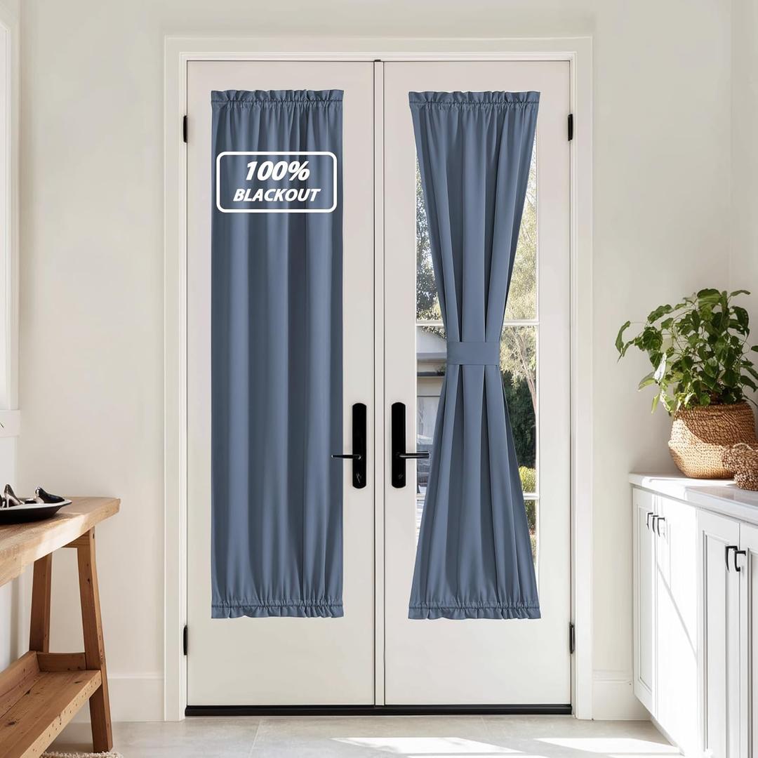 NICETOWN 100% Blackout French Door Curtains, Privacy Door Curtains for Window, 25 X 72 Inch Long Room Darkening Blinds, Thermal Insulated Window Shades for Bedroom, 1 Panel, Stone Blue