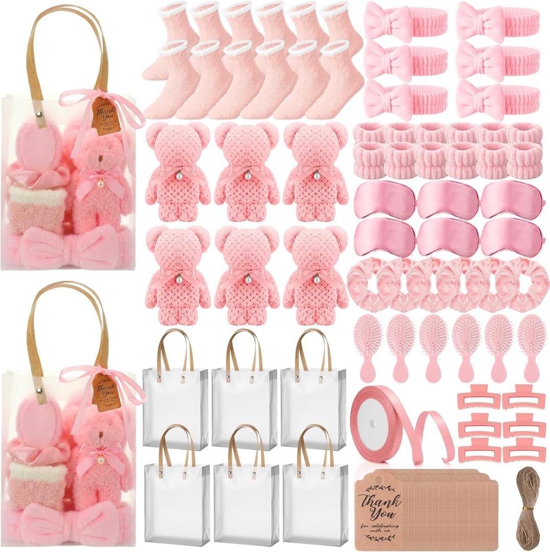 6 Set Spa Gifts Bulk for Women, Sleepover Party Favors Supplies for Bridesmaid Bridal Shower Wedding Guests Baby Shower Birthday Gift with Towels Socks Hair Tie Clip Eye Masks(Pink)