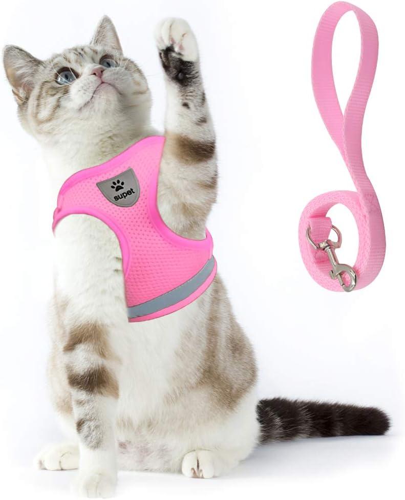 Supet Cat Harness and Leash Set - Soft Mesh Adjustable Cat Vest Harness with Reflective Strap for Walking Cat and Puppy Rabbit (S (Chest: 9.5" - 13.0"), Pink)
