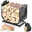 Firewood Rack, Indoor/Outdoor Firewood Holder with Firewood Carrier Bag, 25 Inch Thickened Metal Fireplace Log Holder with Adjustable Feet, Black