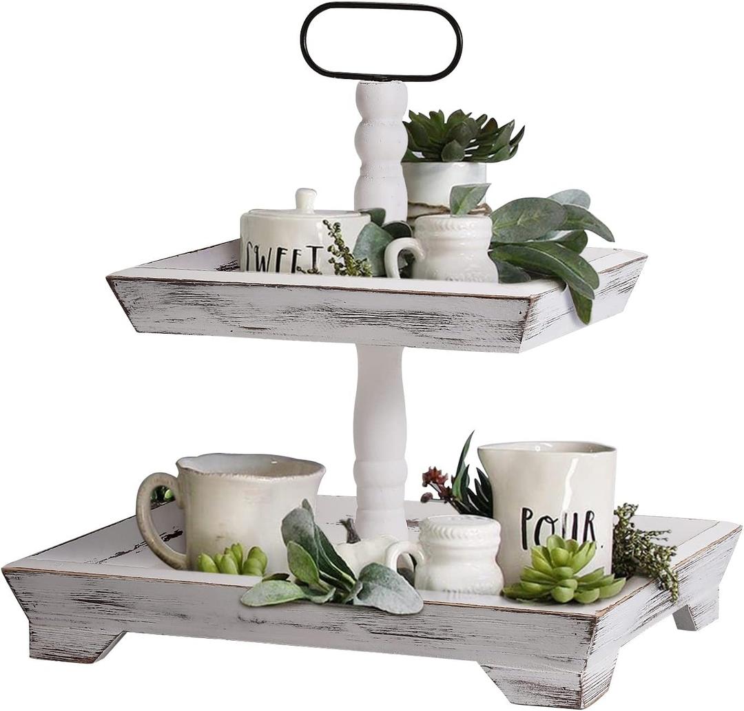 Tiered Tray Stand Farmhouse Tiered Tray for Decors Holder 2 Tiered Tray Stand for Kitchen Bedroom Entryway Coffee Bar (Pure White)