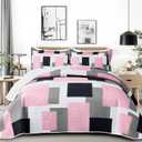 Tyrot 2 Piece Pink Grey Quilt Set Twin Size Pink Gray White Geometric Reversible Bedding Set Microfiber Lightweight Bedspread Coverlet with 1 Sham1 Modern Bed Cover for All Season, 68''x86''
