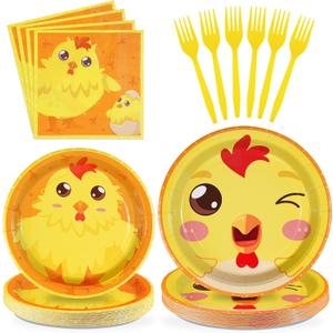96Pcs Chicken Birthday Party Supplies Yellow Chicken Party Plates Disposable 350GSM Chicken Birthday PaperTableware Set for Kids Birthday Baby Shower Chicken Birthday Decorations, Serves 24