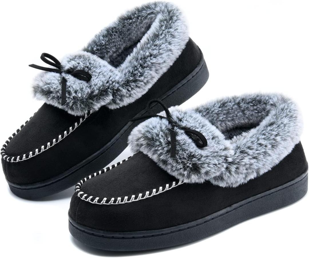 DL Womens Fuzzy Warm Moccasin Slippers Memory Foam, Soft Fluffy Women's Winter House Slipper Closed Back Fur Lined, Cozy Ladies Suede Indoor Bedroom Houseshoes Non-Slip, 8