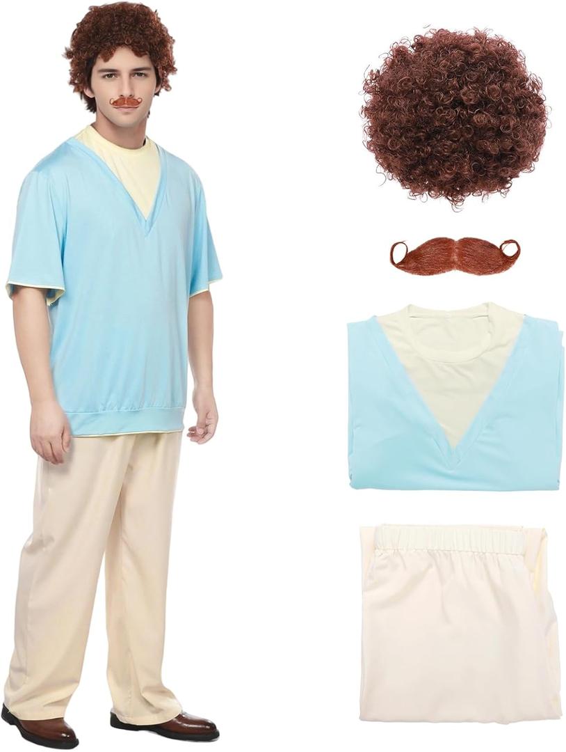 Wrestler Costume for Men, Halloween Leisure Costume Blue T-shirt Pants Wig Beard (Medium)