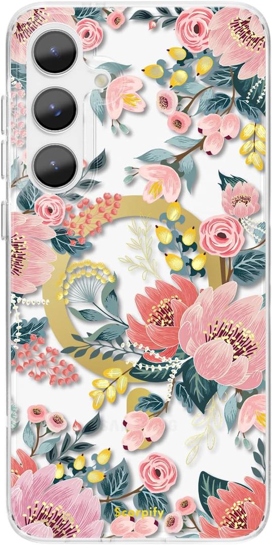 SCORPIFY Compatible with Samsung Galaxy S25 Case [Compatible with MagSafe] for Pink Epiphyllum Floral Design, Cute Magnetic Clear Flower Phone Cover for Women Girls, Gold Accents