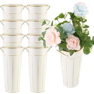 8 Pcs 11.8 Inch Tall Galvanized Metal Vase with Handles - Tin Bucket for Bar, Home Decor, Wedding Centerpiece, Table Decorations - Unbreakable Tall Vase for Fresh Flowers (White)