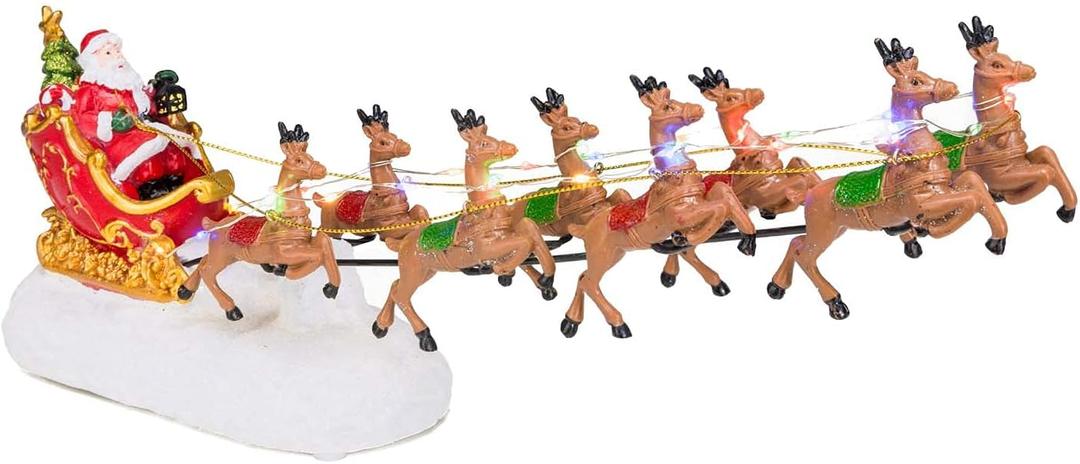 innodept12 Christmas Winter Santa's Sleigh with 8 Reindeers - Winter Lane Christmas Village Decor Santa Sleight with Reindeer LED Light String and Music, Fireplace Home Decor Xmas, Red Sleigh
