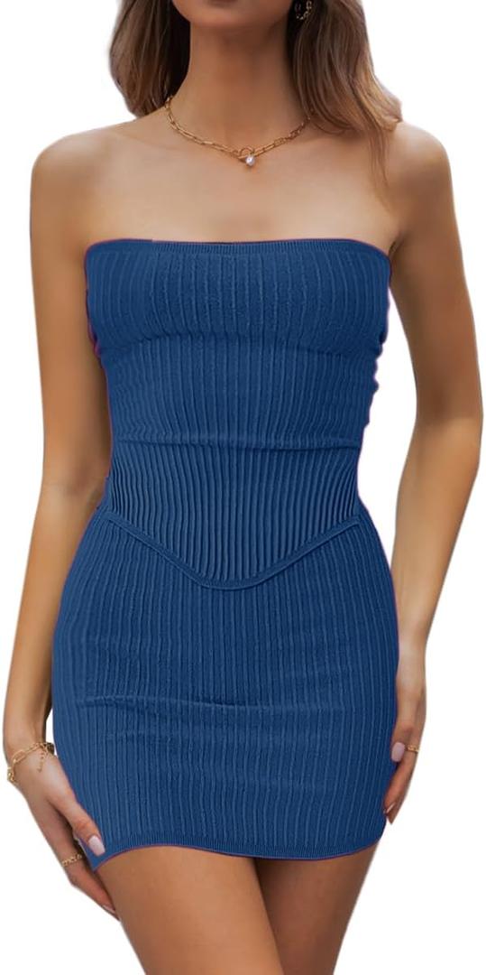 CHYRII Womens Sexy Summer Two Piece Outfits Bandeau Going Out Crop Tops Bodycon Skirt Sets Mini Dress (L)