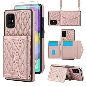 Wallet Cell Cover with Tempered Glass Screen Protector RFID Blocking Credit Card Holder Crossbody Strap 51A G5 S51 Women Girls Rose Gold