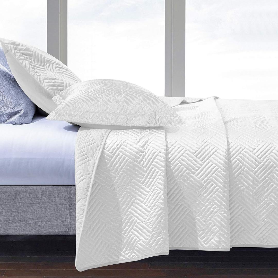 NTBAY King Satin Quilt Set, 3 Piece, White
