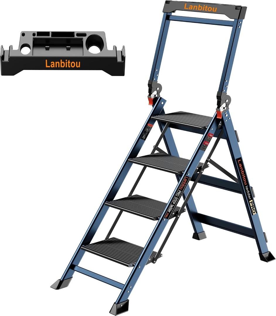 Ladder 4 Step Folding Step Stool with Handrails, Heavy Duty Ladder, Double Anti-Slip Aluminum Step, 20lbs Lightwight Portable Storage 4 Step Ladder for Home Kitchen House RV Work